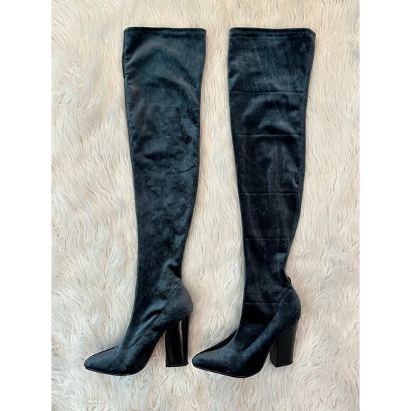 ZARA Over the Knee Boots Stretch Velvet Pointed Toe Block High Heel Blue/ Gray - Picture 10 of 15